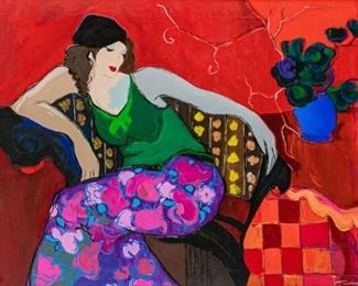 114	Itzchak Tarkay Acrylic over Serigraph on Canvas	Itzchak Tarkay (Israel, 1931-2012). Acrylic over serigraph on canvas. Seated woman with hat on red background. Numbered 60/100 on verso. Sight: 30 5/8" x 40 1/4". Frame: 40" x 49". Matted within faux stone black frame.