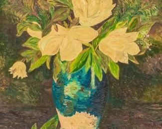 116	Regine Katz-Gilbert Oil on Canvas Still Life	Regine Katz-Gilbert (American, 20th century). Oil on canvas still life. Signed lower left. Stamped on verso "Original in the Museum of the Brooklyn Institute of Arts and Sciences", with artist's card and lending label. 35 1/2" x 23 1/4" (overall 42" x 29 1/2"). Hole along right side.