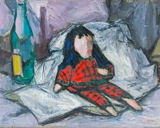 115	Akos Biro Oil On Canvas Still Life With Doll	Akos Biro (Hungarian, 1911-2002). Oil on canvas still life with doll. Signed lower right. 18" x 23 1/2" (with frame 27" x 33 1/2")