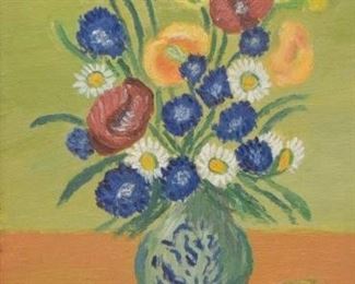 117	Valberg Carlsson Still Life	Valberg Carlsson (Swedish, 20th century). Oil on board of a still life depicting flowers in a vase. Sight: 15 3/4" x 12 1/2". Framed: 18 3/4" x 15 3/4".