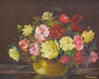 118	Lusardi Oil on Board Still Life	Signed Lusardi on lower right. An oil on board of pink and yellow flowers in a vase. Some wear on frame. Sight: 13 1/2" x 17 1/2". Framed: 19" x 23".