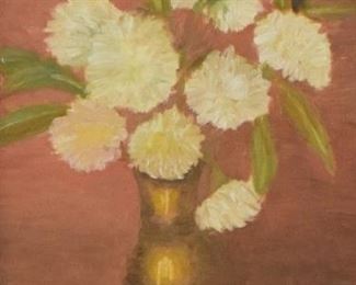 120	Oil on Board Still Life of Flowers	Unsigned, circa 20th century. A still life of white flowers in a brown vase. Sight: 9 1/2" x 7 1/2". Framed: 16" x 14" .