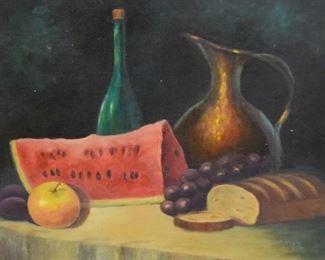 121	Oil on Canvas Still Life with Watermelon	Unsigned oil on canvas of a still life depicting various fruit, bread, a pitcher of water and a wine bottle. Some losses to frame on lower left and right. Sight size: 18" x 23". Framed: 20 1/2" x 26".