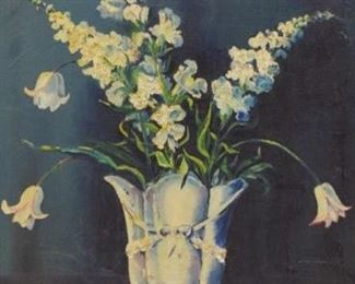 123	Prichard Oil on Canvas of Still Life with Flowers	Pritchard (20th century). Signed and dated 1938, lower right. Oil on canvas of a still life of white flowers in a porcelain vase. Light crazing on lower left, repairs lower right. Sight size: 24" x 20" Framed: 28" x 24".