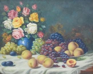 122	Rosenthal Kairoly Oil on Canvas Still Life	Rosenthal Kairoly (Hungarian, 20th century). An oil on canvas of a still life depicting a platter of fruit joined with flowers on a covered tablecloth. Some losses to frame, slight wear on upper right. Sight: 19 1/2" x 23". Framed: 25" x 29".
