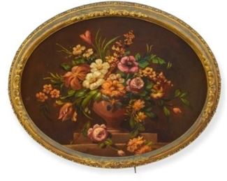 124	R. Bancroft Oil on Canvas of Still Life	R. Bancroft, signed lower right. An oil on canvas of a still life showing flowers in an urn atop a stone slab. Light marking on left. Sight size: 21.5" x 27". Framed:26" x 32".