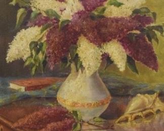 125	Oil on Canvas Still Life with Flowers and Conch	Unsigned, circa early 20th century. An oil on canvas of a still life of flowers in a vase with a conch shell on a mirrored table top. Sight size: 23" x 18 1/2". Framed: 27" x 23".