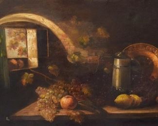 127	18th Century Still Life with Fruit Oil on Canvas	Still Life with Fruit and Tableware. Signed illegibly bottom right. Repairs on verso, hole in top middle, discoloration. Sight: 27 1/2"x 39 1/2", Frame: 39 1/2" x 43 1/2"