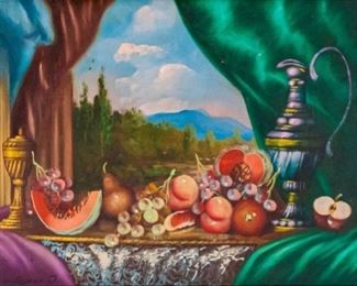 129	20th Century Oil on Wood Panel Still Life	Oil on wood panel vibrant still life. Signed " Bokov D." in the bottom left corner. Sight: 7 1/4" x 9 7/8". Frame: 11 1/8" x 13 7/8". Crazing in the sky. Stamped "Kivitelre Engedélyezve MNG" on verso.