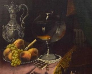 131	19th Century Oil On Board Signed Hollinger	19th Century still life. Oil on board still life with goldfish in bowl. Signed lower left "Hollinger". Sight size 26" x 21". Overall size 30" x 25". Dent in upper right corner. Two tears and a puncture lower right. Crazing throughout.