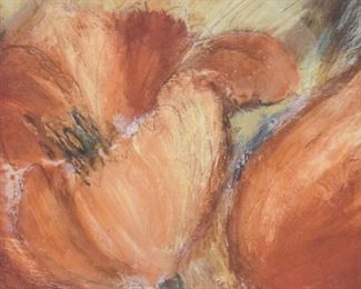 132	Rosemary Abrahams Print Flowers	Rosemary Abrahams (English, 20th century). Print of flowers. Signed in the plate lower left. With artist's info on verso. 11 1/2" x 12" (overall with frame 19" x 19").