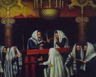 135	Oil Painting On Porcelain Judaica Scene	20th Century oil painting on porcelain. Bar Mitzvah scene in synagogue. appears unsigned. Sight size 11 1/2" x 15 1/2". Overall size 21" x 24".