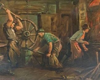 136	Karoly Szegvary Oil On Canvas Blacksmiths	Karoly Szegvary (Hungarian, 1920-2002). Oil on canvas blacksmiths at work. Signed lower left. 23 1/4" x 35 1/2" (with frame 30" x 42")