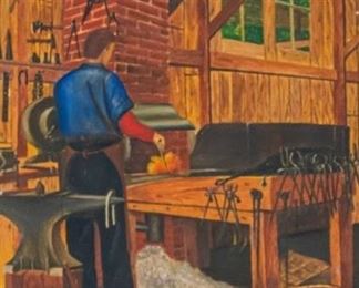 137	Signed HMG Oil On Canvas Blacksmith	20th century oil on canvas of a blacksmith in his shop. Artist initialed HMG and dated 1959, lower right. Wear along edges, canvas detaching from stretcher in places. 29" x 24"