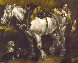 138	Attributed to George Morland Oil on Canvas	Attributed to George Morland (English, 1763-1804). Oil on canvas laid down on board, man in stable with horse. Signed lower left Morland. 19 1/4" x 25 1/2" (overall 35 1/4" x 29"). Relined, crazing, restorations, losses to frame. See John Moran Decorative Art Auction, July 28, 2015