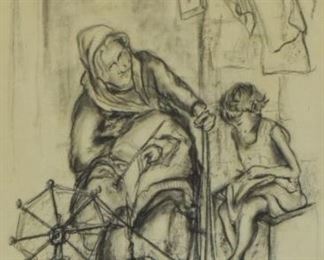 139	Ethel Bramson Charcoal Drawing on Paper	Ethel Bramson (20th century). Charcoal on paper woman and child with spinning wheel. Signed and dated 1973. 17" x 22" (overall with frame 29 1/2" x 23 1/2")