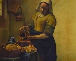 140	Vermeer Print on Canvas in Carved Gilt Frame	After Johannes Vermeer (Dutch, 1632-1675). Print on canvas The Milkmaid. In c. mid-20th century carved openwork gilt wood and gesso frame. 23 1/2" x 20 3/4" (frame 29 1/2" x 26 3/4"). Minor losses to corners of frame