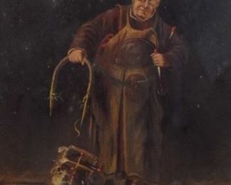 143	C. Pohlman Oil on Canvas Portrait of a Man	C. Pohlman (20th century). Oil on canvas portrait of a man with spilled wine. Signed lower right and dated 06. 19 1/2" x 15 3/4" (with frame 24 3/4" x 20 1/2"). Tears near wine basket and floor lower left, tear upper left, glass on frame cracked lower right, losses to frame