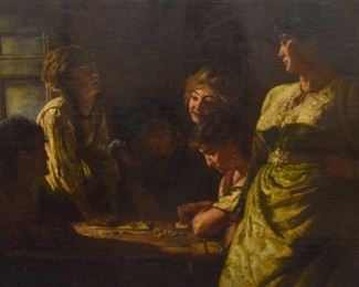 145	Mihaly Munkacsy Oil on Canvas	Mihaly Munkacsy (Hungarian, 1844-1900). Oil on canvas interior scene. Signed upper left Munkacsy. Crazing, restorations, relined. 47 1/2" x 67" (with frame 53 1/2" x 72")