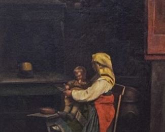 147	Albert Neueuys Oil on Canvas Mother and Child	Albert Neueuys (Belgian 1895-1968). Oil on canvas. A mother reading to her child. Restored by The Chicago Conservation Center in September 1997: cleaned, relined, restretched and revarnished. Frame maker tag on verso. Sight: 21 1/4"H x 17 1/2" W, Frame: 33 1/2" H x 30" W