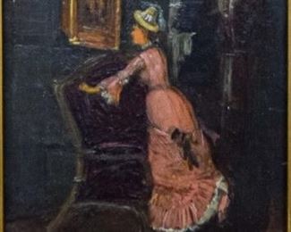 148	Arthur Togyessy Oil on Board	Arthur Togyessy (Hungarian, 1835- 1920) Oil on board. A lady in a pink dress admiring a painting. Framed. Chip in bottom left corner. Chip in center above lady's head. Board lose in frame. Frame chipped. Sight: 4 1/2" x 4 3/8", Frame: 10 1/2" x 9"