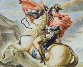 154	KPM Porcelain Plaque Napoleon Crossing the Alps	KPM porcelain plaque with a depiction of Napoleon Crossing the Alps, after Jacques-Louis David. In gilt frame. Incised KPM mark on verso. Signed " D. Ranti" in lower right. Sight: 26 1/2"H x 18" W, Frame: 31 3/4" H x 23" W