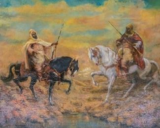 152	Adolph Schreyer Oil on Canvas	Adolph Schreyer (German, 1828-1899). Oil on canvas. Berbers on horseback with rifles. Signed lower right "ad Schrever". Paint loss throughout painting. Tear to the right section of sky. Tear lower right under horses hoof. 25 3/4" x 32"