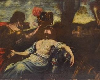 155	Oil on Canvas Knights After Battle	Unsigned oil on canvas scene of knights after a battle. 28 1/2" x 38 3/4". Paint loss and crazing throughout.