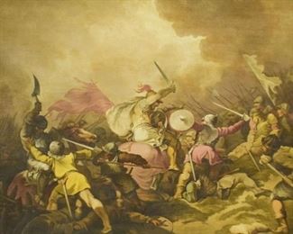 156	Charles Severyn Oil on Canvas Battle Scene	Charles Severyn (Polish/American, 1820-?). Oil on canvas battle scene. Signed lower left Painted by Ch. Severyn. 29 1/2" x 36 1/4" (overall with frame 35 1/4" x 42 1/2"). Relined, losses to frame