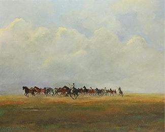 160	Oil on Canvas Horse Drive	20th century oil on canvas of a horse drive. Signed illegibly lower right. 19 3/4" x 24" (with frame 25" x 28 3/4").