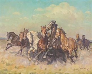161	Janos Viski Oil on Canvas Wild Horses	Janos Viski (Hungarian, 1891–1987). Oil canvas of Wild Horses. Signed lower right Viski J. Repair near center. 23 1/2" x 29 1/2" (with frame 31 1/2" x 37 1/2").