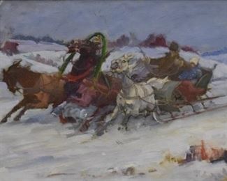 164	Oil on Canvas Troika	Unsigned oil on canvas troika in winter landscape. 17 1/2" x 29 1/2" (with frame 24" x 36"). Repairs to canvas