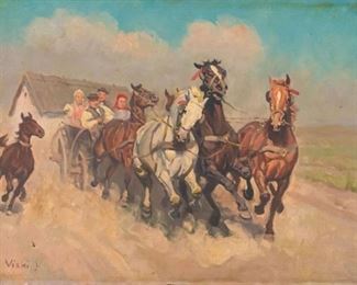 162	Janos Viski Oil On Canvas Horses With Wagon	Janos Viski (Hungarian, 1891–1987). Oil on canvas horses pulling a wagon. Signed lower left Viski J. Hole lower left above signature, wear along edges. 23 1/4" x 31 1/2"