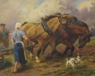 166	Jef Van Leemputten Oil Plowing the Fields	Jef Louis Van Leemputten (Belgian, 1865 -1948) Oil on Canvas. Farmer plowing his field with the help of his wife and dog. Signed in the bottom left "Jef Van Leemputten, Antwerpen". Sight: 25 1/4" x 20 1/2", Frame: 37 1/8" x 33 1/8". Losses to frame