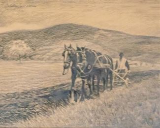 167	Hungarian Graphite on Paper Plowing Time	20th century Hungarian graphite on paper drawing Plowing Time. Signed illegibly upper left. Glass on frame cracked. 8" x 11" (with frame 14" x 17").