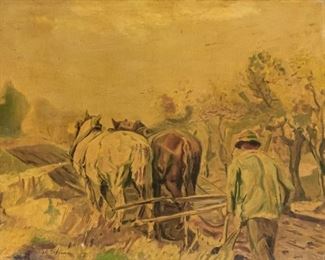 168	Leon Gaspard Oil On Canvas Tilling A Field	Leon Schulman Gaspard (American, Taos/Russian, 1882–1964). Oil on canvas laid down on wood panel, man with horses tilling a field. Signed lower left. Wear and paint loss along edges from frame, paint loss above signature, losses to frame. 15 1/4" x 19 3/4" (with frame 21" x 26").