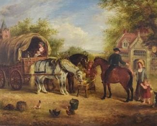 169	Edwin Frederick Holt Oil on Board	Edwin Frederick Holt (English, 1830-1912). Oil on board family with covered wagon. Signed and dated lower right E.F. Holt Prize Menf R.A. 1878. 19" x 26" (with frame 27" x 34"). Losses to frame.