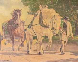 171	20th Century Hungarian School Oil on Canvas	19th century oil on canvas, Hungarian school. Horse drawn wagon on a path with a man leading. Signed "L.E. Kroczaki" in the lower left. Sight: 26" x 34 1/4". Frame: 33" x 41 1/2". Wear commensurate with age. Chipping of wood frame on top length.