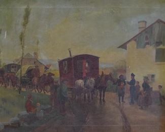 172	Continental Oil Painting Of A Caravan	Continental 19th Century oil on canvas. A caravan of refugees with a soldier checking papers. Signed illegibly lower left. Sight size 21 1/2" x 28". Overall size 29" x 35 1/2". Tear to upper left in sky. Repair to upper right sky.