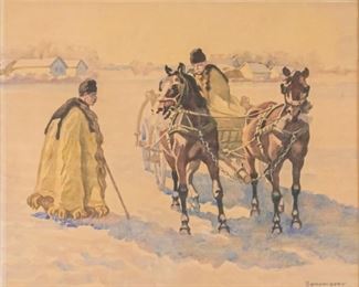 170	Stephen Benyovszky Watercolor on Paper	Stephen Benyovszky (Hungarian, 1898-1965). Watercolor on toothed paper. Entitled " Hungarian War". Two finely dressed men meeting in a winter landscape. Signed lower right. Sight: 18 7/8" x 22 3/4". Frame: 29 1/4" x 21 1/2" Framed and matted behind glass. Wear commensurate with age.