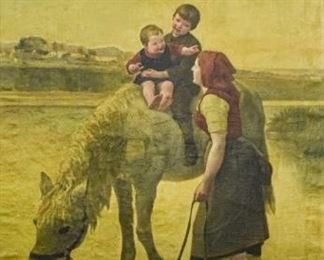 174	Charles Bertrand d'Entraygues Oil on Canvas	Charles Bertrand d'Entraygues (French, 1850-1929). Oil on canvas La fin de la journee (The End of the Day [Refreshment After Toil]). Signed and dated lower left D'Entraygues 1887. 69" x 50" (with frame 87" x 73"). Restorations and inpainting to people and horse, water damage and areas of paint loss and crazing along left side. Losses to gilt frame. d'Entraygues exhibited at the Salon des Artistes Francais almost every year. La fin de la journee was his submission for 1887. The painting was subsequently selected to be displayed at the 1893 World's Fair in Chicago, and then appeared in the 1894 edition of Fine Art Publishing Company's Famous Paintings of the World. La fin de la journee can be seen on page 225 of the book.