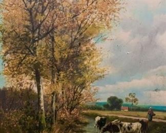 176	Paul Henry Schouten Oil On Canvas Landscape	Paul Henry Schouten (Dutch, 1860-1922). Oil on canvas landscape. Signed lower left. Relined, minor paint loss to painting and the frame. Sight size 43" x 32". Overall size 65" x 51".