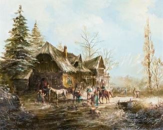 175	Josef Kovacs Oil on Board Farmers Homestead	Josef Kovacs (Hungarian, 1948-) Oil on board. Farmers outside the homestead. Monogrammed "KJ" in the lower right corner. In gold gilt frame. Sight: 15 1/4" x 19 1/2", Frame: 23 1/4" x 27 1/2"