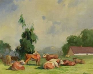 177	Bihari Csongor Oil on Canvas Cattlerest Farmhouse	Bihari Csongor (Hungarian, 1961). Oil on canvas Cattlerest Farmhouse. Signed lower right Csongor. Circa 1980. 15" x 19 3/4" (overall with frame 20 1/4" x 24 1/4")