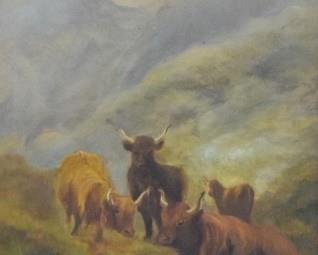 Signed Oil on Canvas Steers in Landscape	19th century oil on canvas steers in mountain landscape. Signed illegibly lower right Rosa? and dated 98. 17 1/2" x 11 1/2" (overall 25 3/4" x 19 1/4")