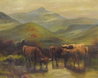179	M. Jackson Oil on Canvas Cows in Landscape	M. Jackson (British, 19th/20th century). Oil on canvas cows in highland landscape. Signed lower left M. Jackson. 17 1/2" x 27 1/2" (with frame 23 1/2" x 32 3/4"). Small hole in center of sky, repair lower left.