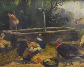 181	Alfred Schonian Oil on Wood Panel Farm Courtyard	Alfred Schonian (German, 1856-1936). Farm Courtyard. Oil on wood panel, signed on lower right. Sight: 7" x 10", framed, 11 1/2" x 15".