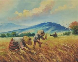 183	Signed Oil on Canvas Farming Scene	20th century oil on canvas people planting. Signed illegibly lower right. 23 1/2" x 35 1/2" (with frame 29 1/2" x 41")