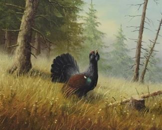 182	K.H. Boese Oil on Wood Panel Fowl in Landscape	K.H. Boese (20th century). Oil on wood panel fowl in landscape. Signed lower right K.H. Boese. 13" x 16 1/4" (overall with frame 16 1/4" x 19 1/4").