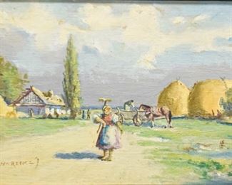 184	Joseph Harencz Oil on Board Rural Landscape	Joseph Harencz (Hungarian, 1899-1969) Oil on board. Rural landscape featuring a milkmaid with rake. Signed in the lower left. Slight paint loss in the top of the canvas. Sight: 3 15/16" x 5 1/16", Frame: 7 3/8" x 8"